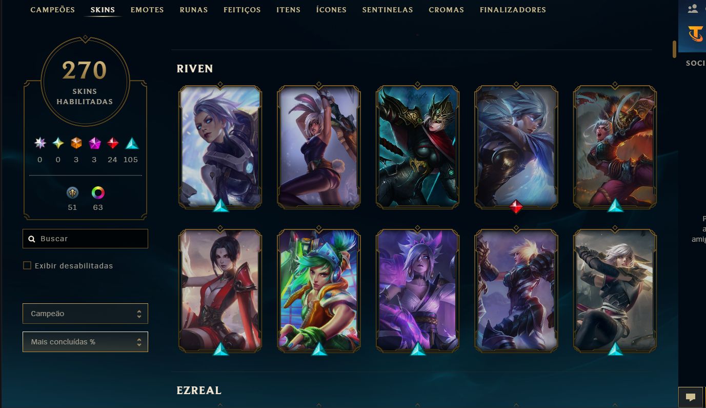 CONTA LOL - 270 SKINS - DONO ÚNICO - UNRANKED - LV 610 - 70 CROMAS - SKINS CARAS