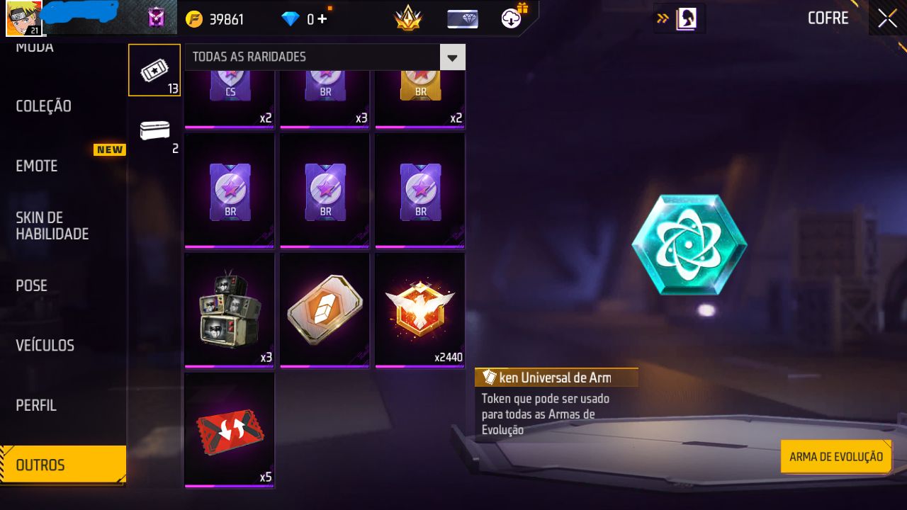 CONTA FREE FIRE DIAMANTE 4 MODO RANK COM SKIN NARUTO E TROCA DE NICK