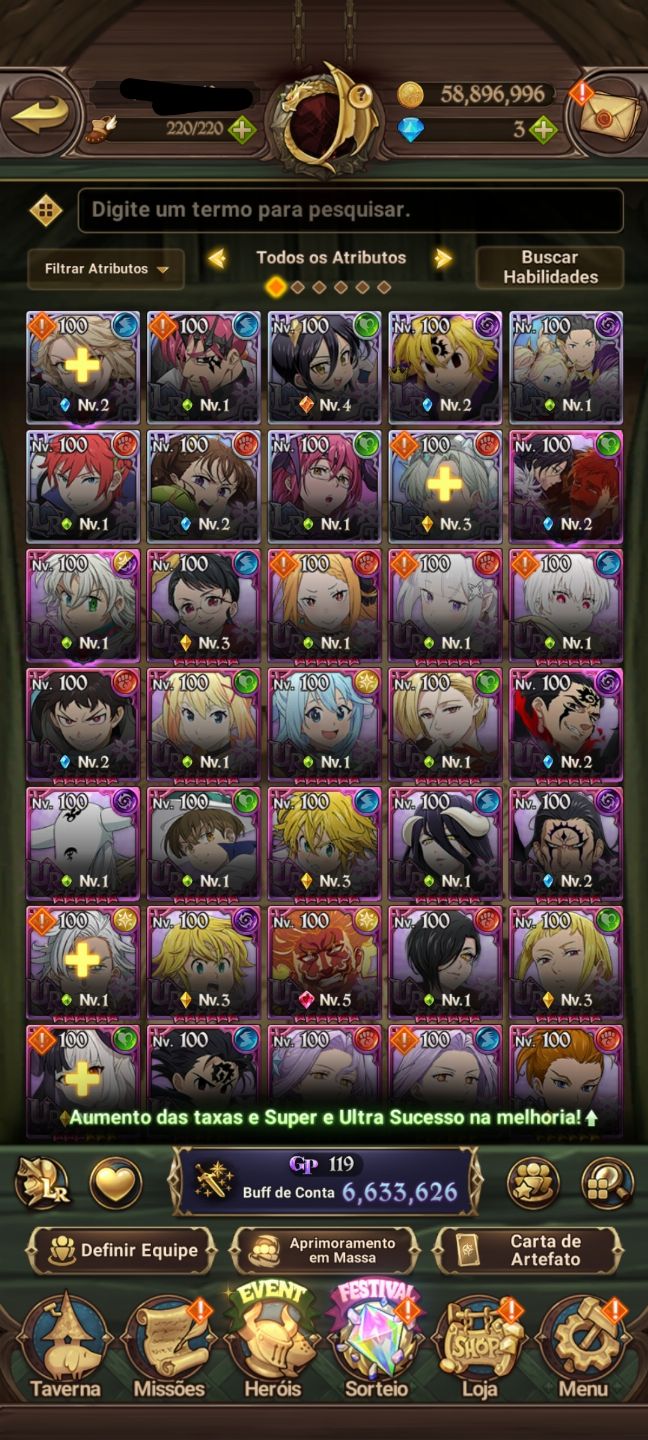 Conta 7ds grande cross 6.6M Meliodas nêmesis 2/6, escanor Merlin 2/6