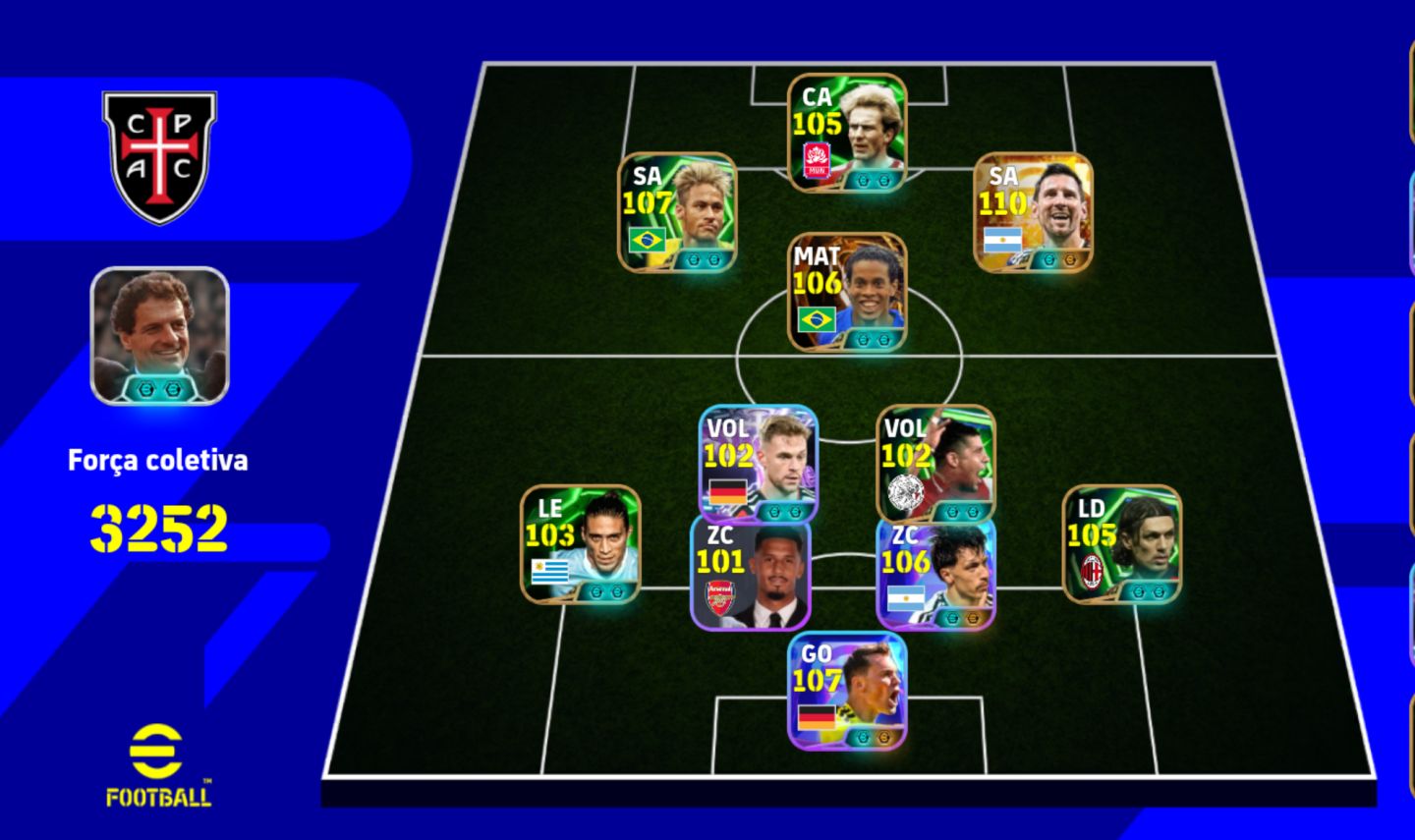 CONTA EFOOTBALL MESSI 111/RONALDINHO 107/NEY 107/ RUMMENIG/ BAGGIO 3200+