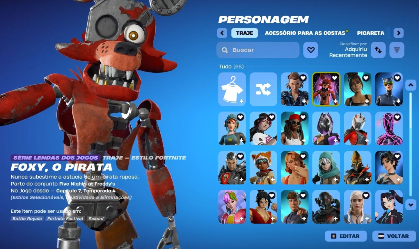 Conta Fortnite com 66 Skins (Foxy, Clix, Mulher gato, Weezy e mais)