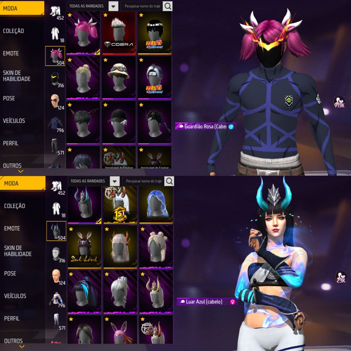 CONTA FREE FIRE FEMININA E MASCULINA, FOCO NO FEMININO