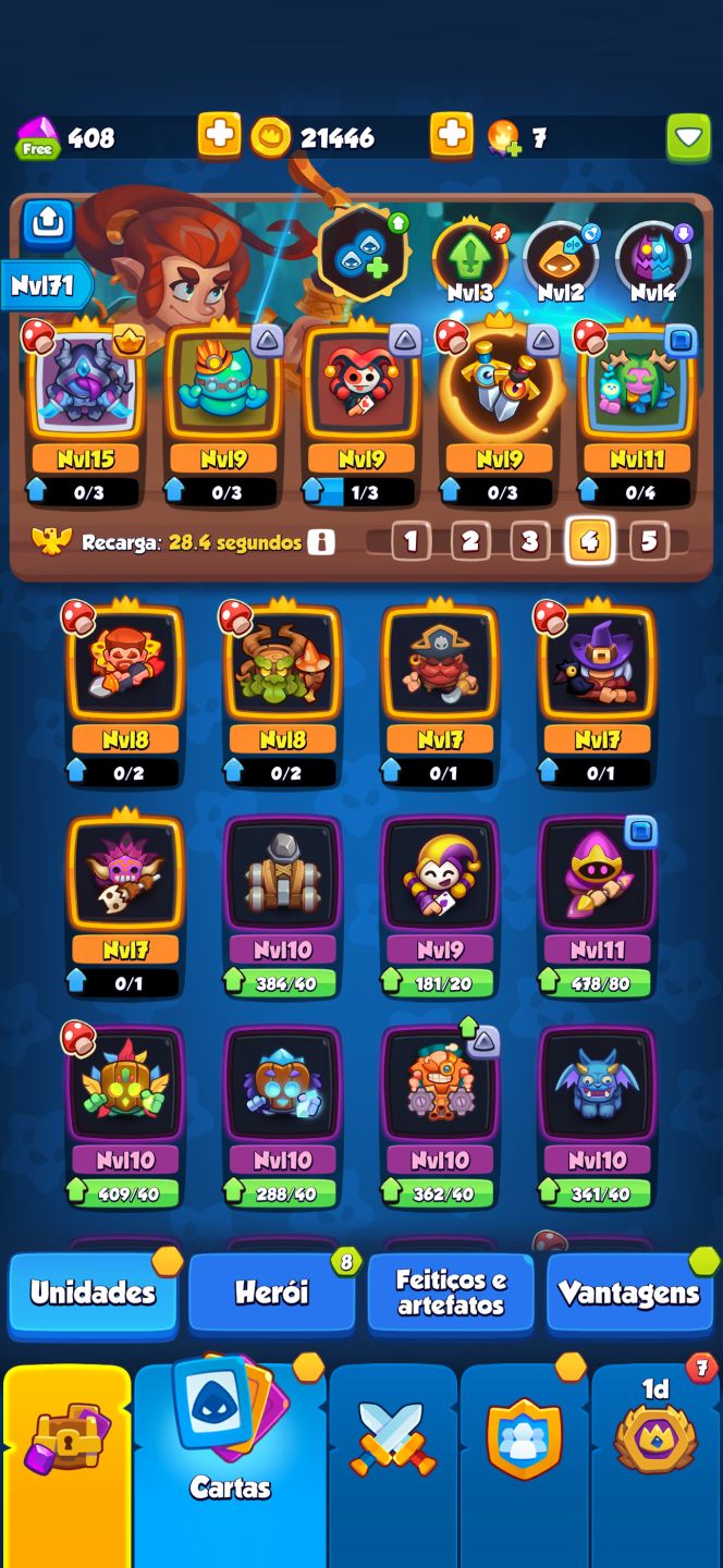 Conta Rush Royale High Tier | Caçador de Demônios Nvl 15 (Max) | 1131% crit