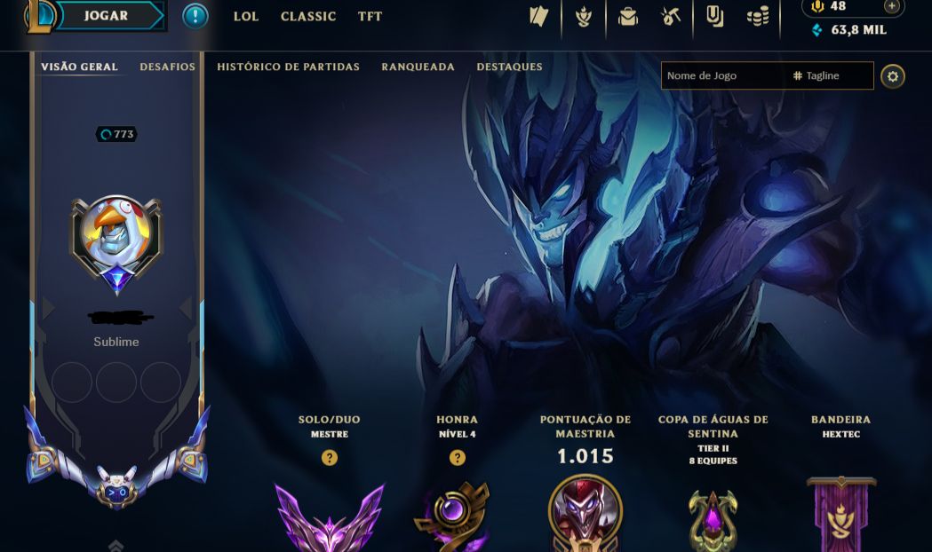 Conta LoL MESTRE 500 PDL full champs, níve 773, 345 skins, 4 ultimate, 6 mítica.