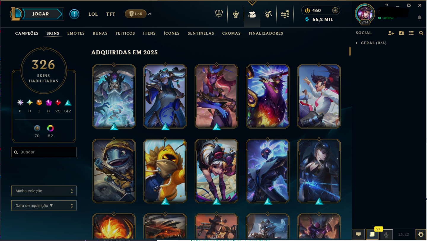 Conta LoL LvL 714, 326 skins, 428 ícones, todos os champions - League of Legends