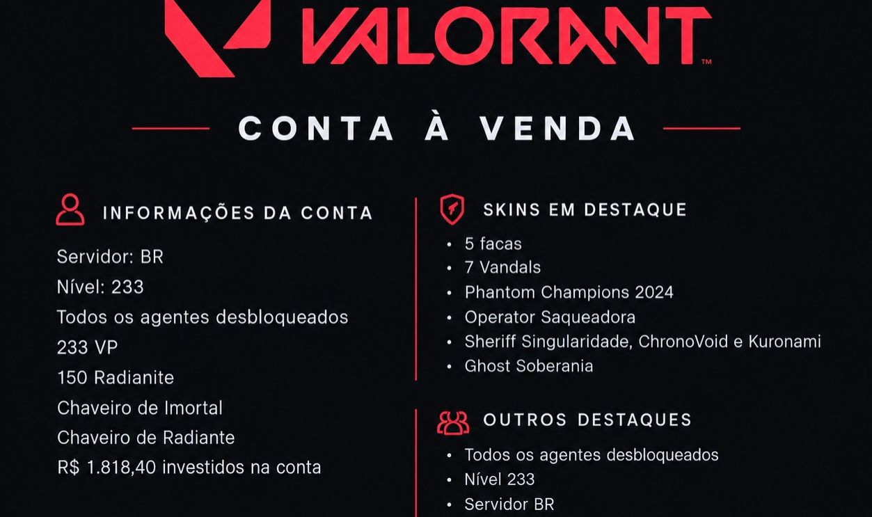 CONTA VALORANT 5 FACAS + CHAMPIONS 2024 + 7 VANDALS