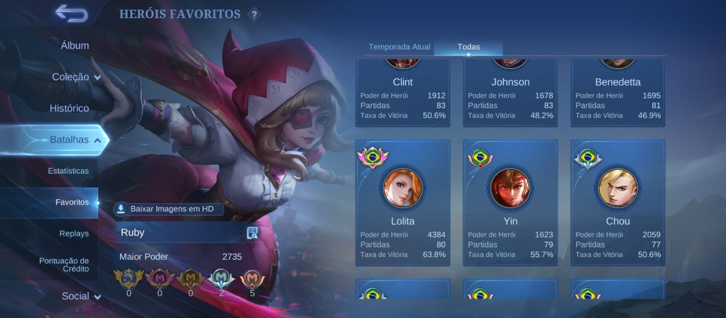 Conta mlbb 6Anos 222skins 111 star único dono wr medianos Full emblemas e herois