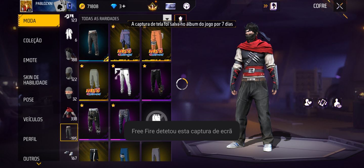 Conta de free fire com skins de Naruto da 1 temporada e bem antiga