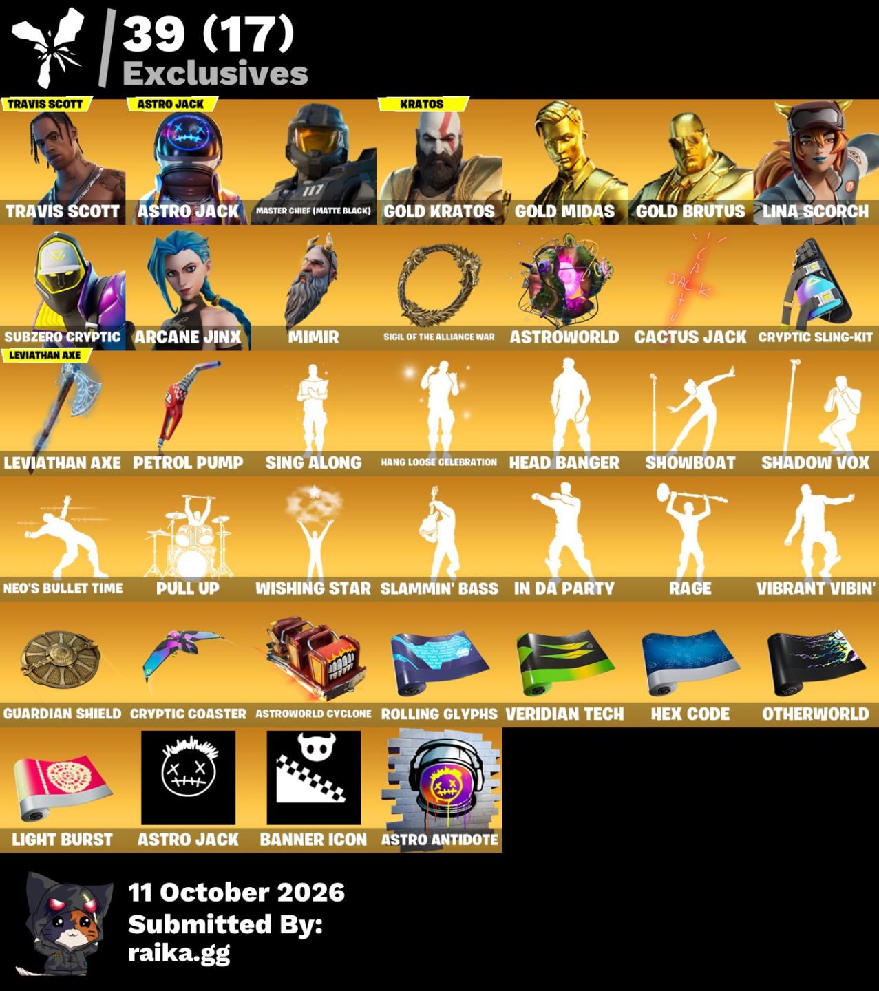 TRAVIS SCOTT/ KRATOS GOLD/ ASTRO JACK/ MARCUS FENIX/ EMOTE SW2 + 150 JOGOS EPIC