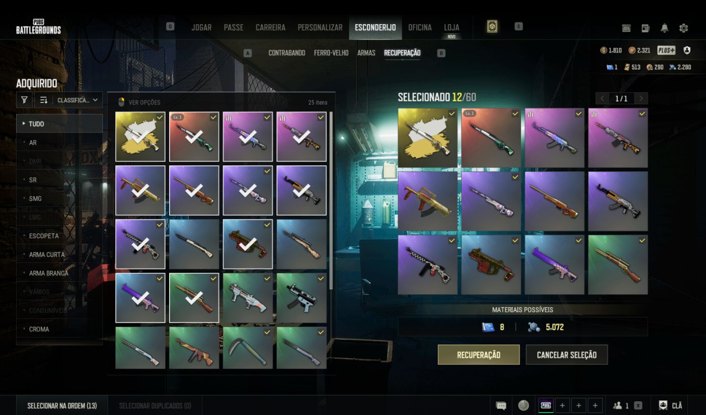 Conta PUBG Kar98k lendária + Chroma + 1810 Gcoins + 513 cupons de contrabando