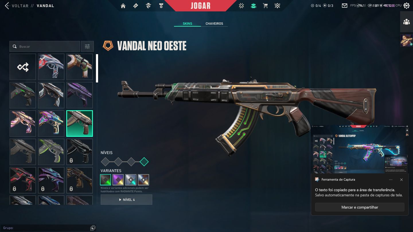CONTA VALORANT LVL 232 | PLATINA | RGX + GAIA + GLITCHPOP + FACAS | FULL ACESSO