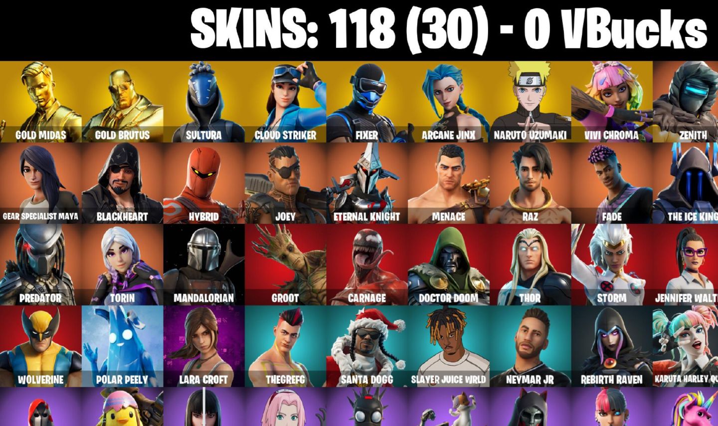118 Skins - gold midas, arcane jinx, lara croft, lynx (E-mail alterável)