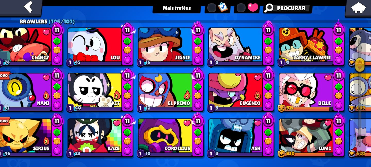 Conta de brawl de 2020,todos os brawlers,skins de hyper,brawlers quase 3k