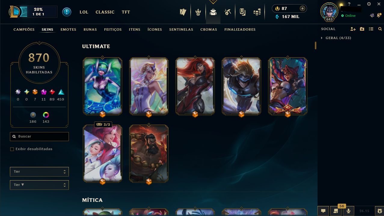 CONTA LEAGUE OF LEGENDS CRIADA EM 2016 LV 643 C/ 870 SKINS
