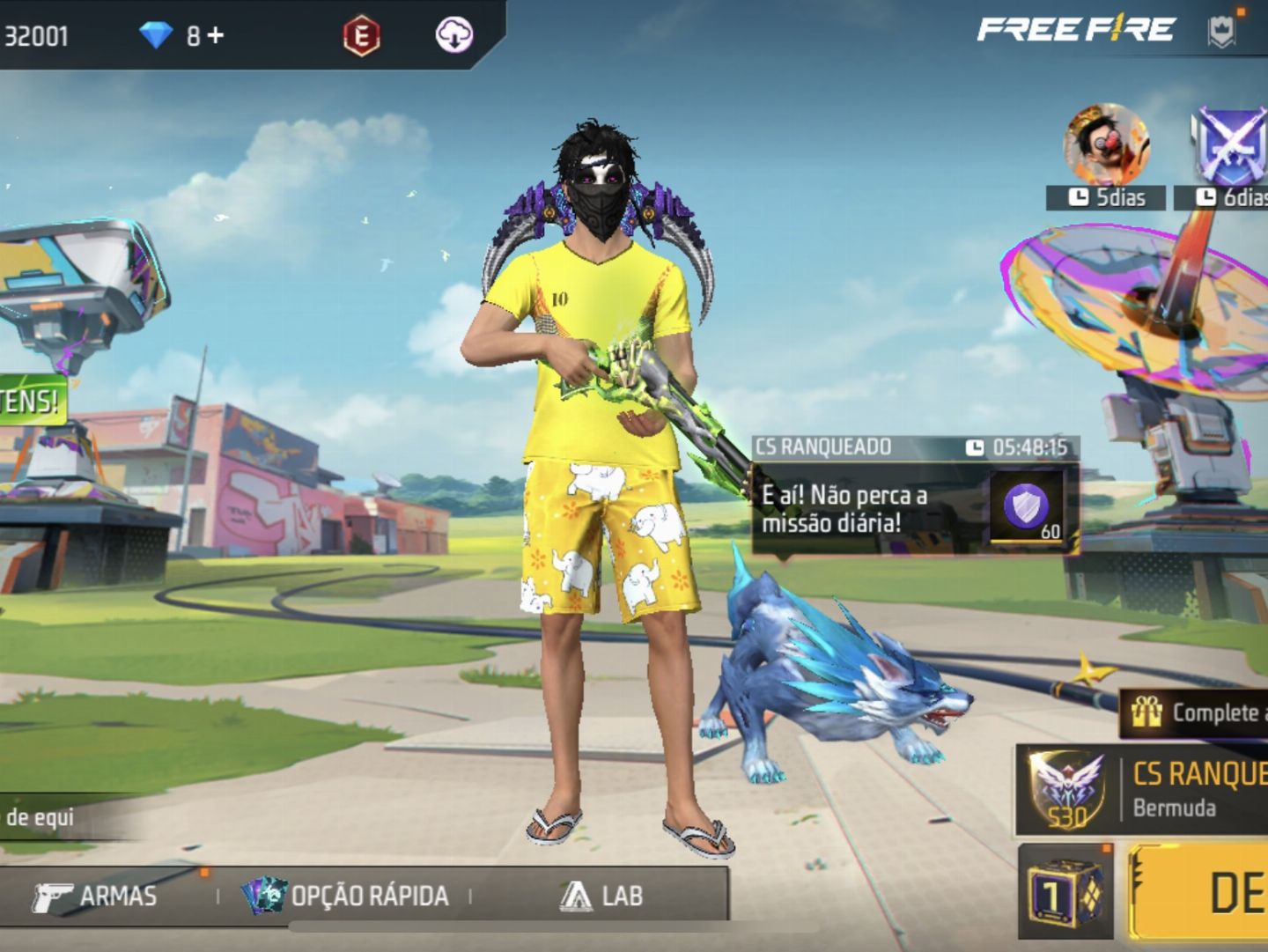 Conta de Free Fire criada em 2019 com 3 calças angelicais