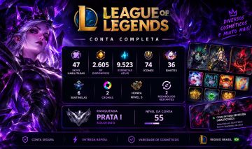 LoL BR Nv. 55 | 47 Skins | 2605 RP | Prata I | 74 Ícones | 36 Emotes