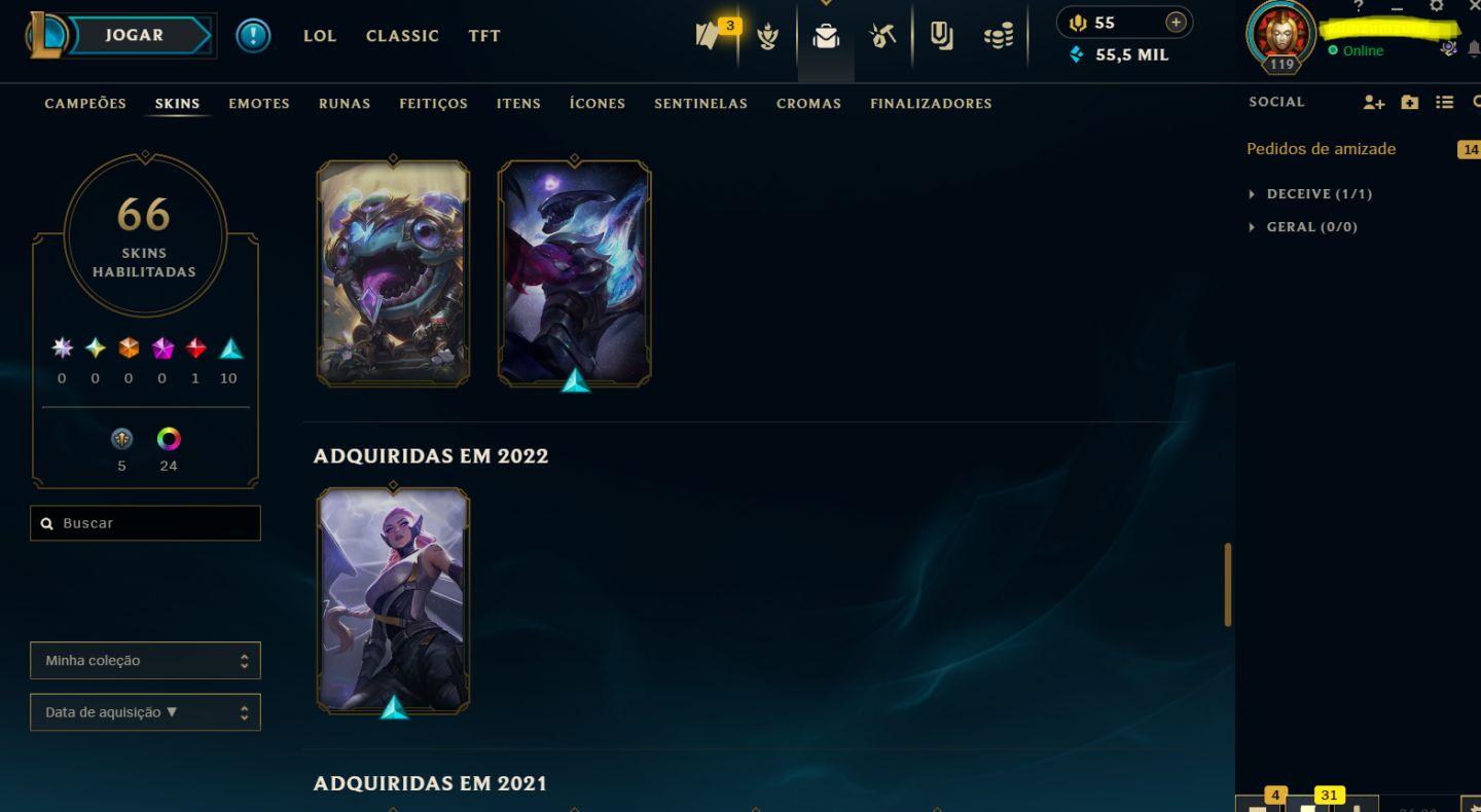 Conta League of Legends, Grão-mestre 1600 pontos, 91 bonecos, 26 skins