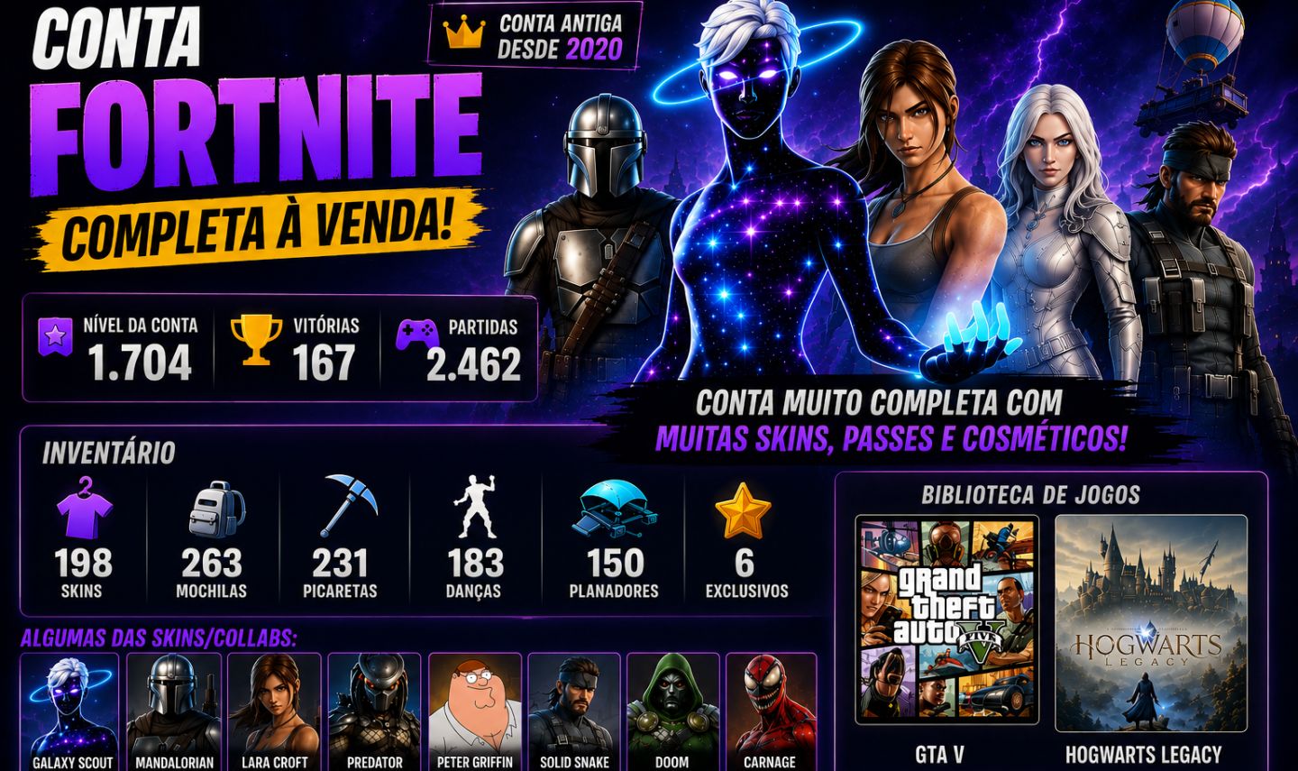 CONTA FORTNITE - LARA CROFT E MUITO MAIS