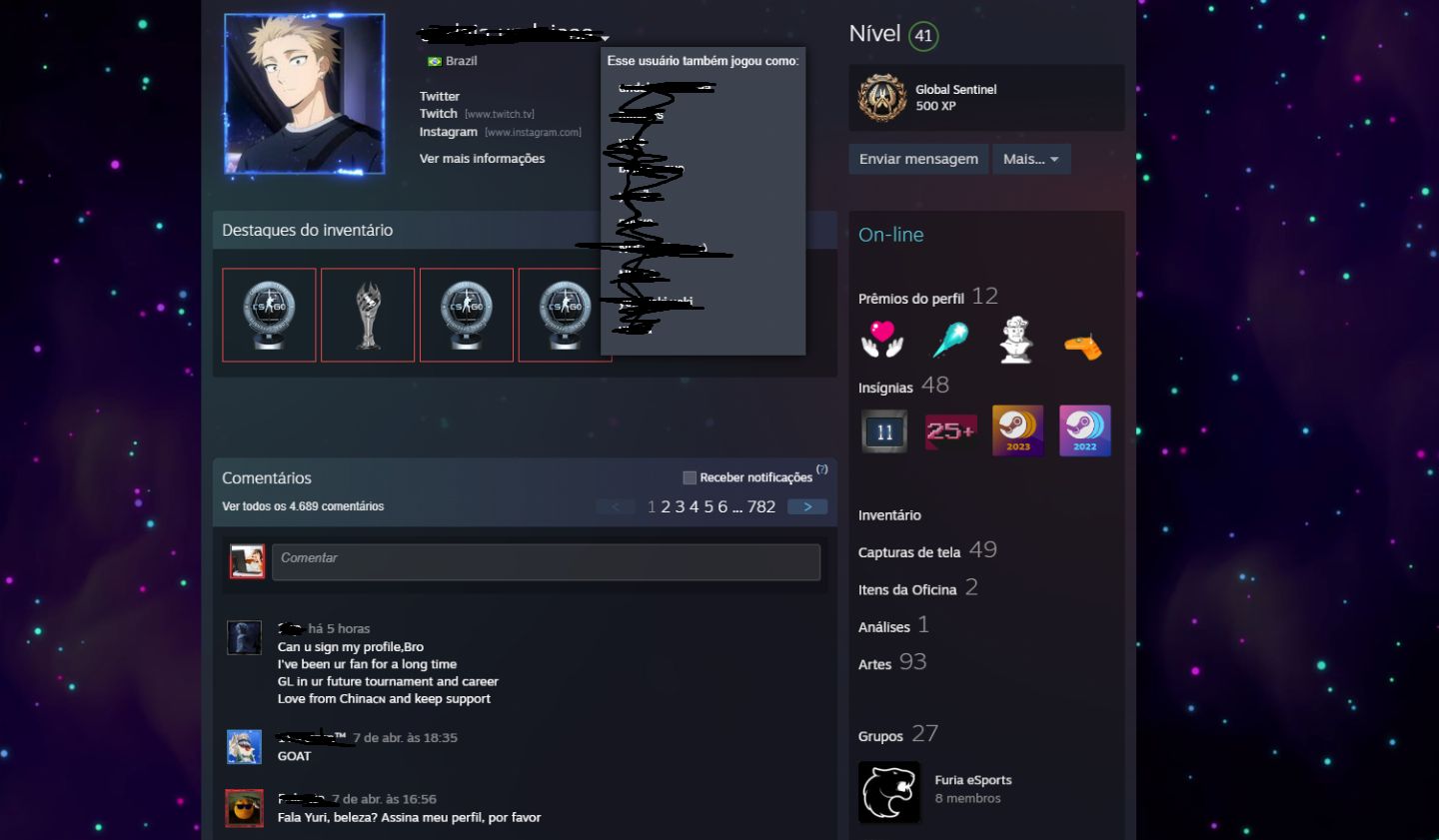 CONTA STEAM 14 ANOS/LEVEL 20 GC/PROPLAYERS DA FURIA E OUTROS/MAIS DE 26 MEDALHAS