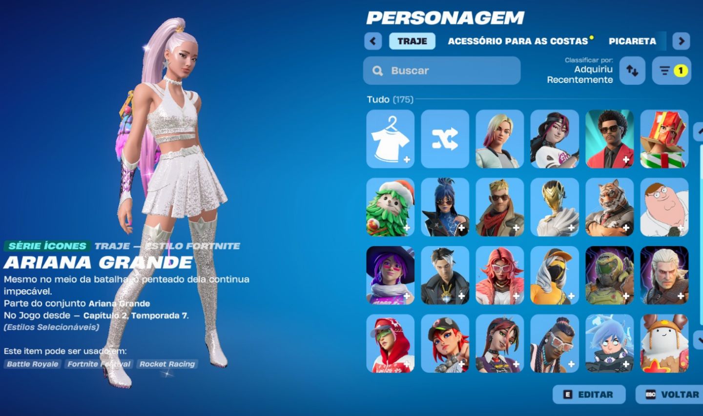 CONTA ANTIGA 175 SKINS ARIANA GRANDE, THE WEEKND, O CEIFADOR, 120 PICARETAS