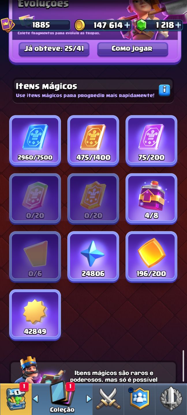 Conta Clash Royale niver da conta 16, vários emoji e evolução.