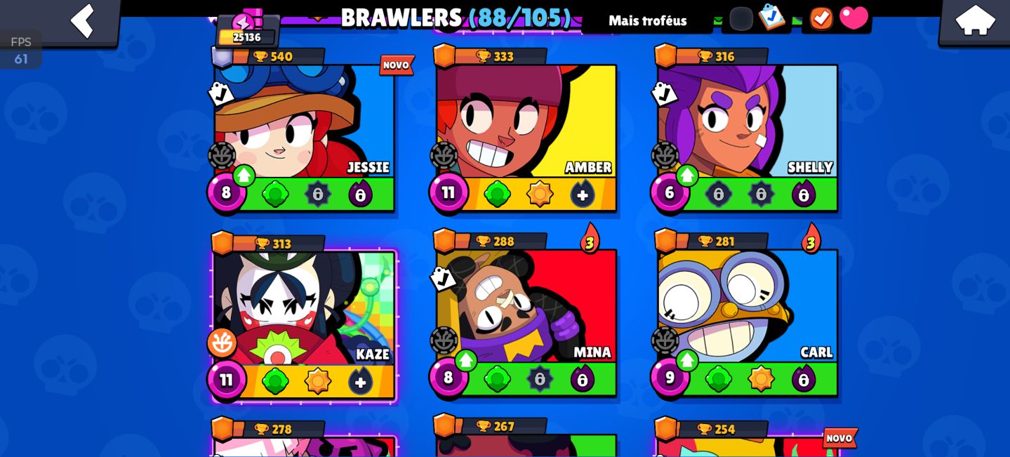 25k de troféu, Todos os lendários 88 brawler, 17 hipercarga e 6 buffs completos