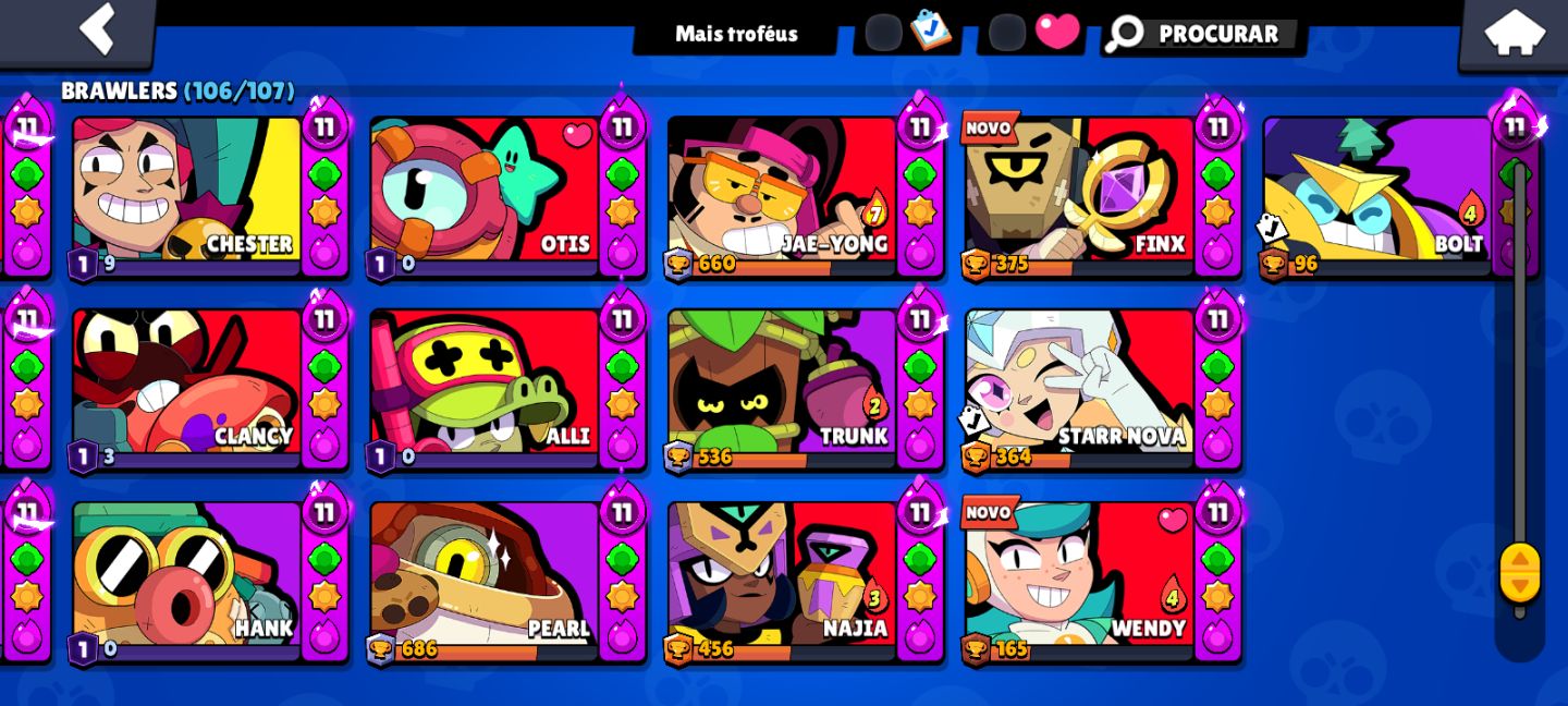 Conta de brawl stars com mais de 120k de trofeus, 500 skins, e mestre 2020