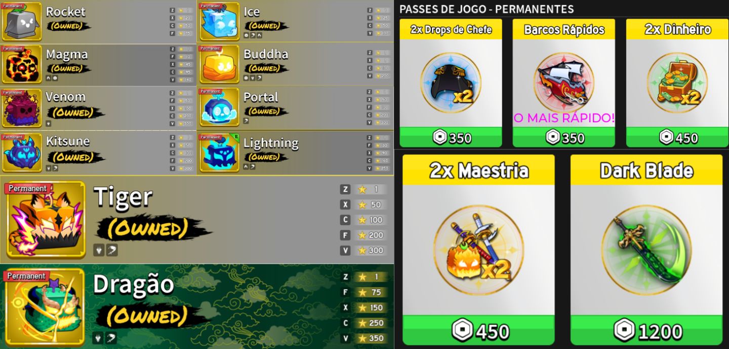 Conta de blox fruits completa com Dragon, tiger e kitsune Permanente e gamepass