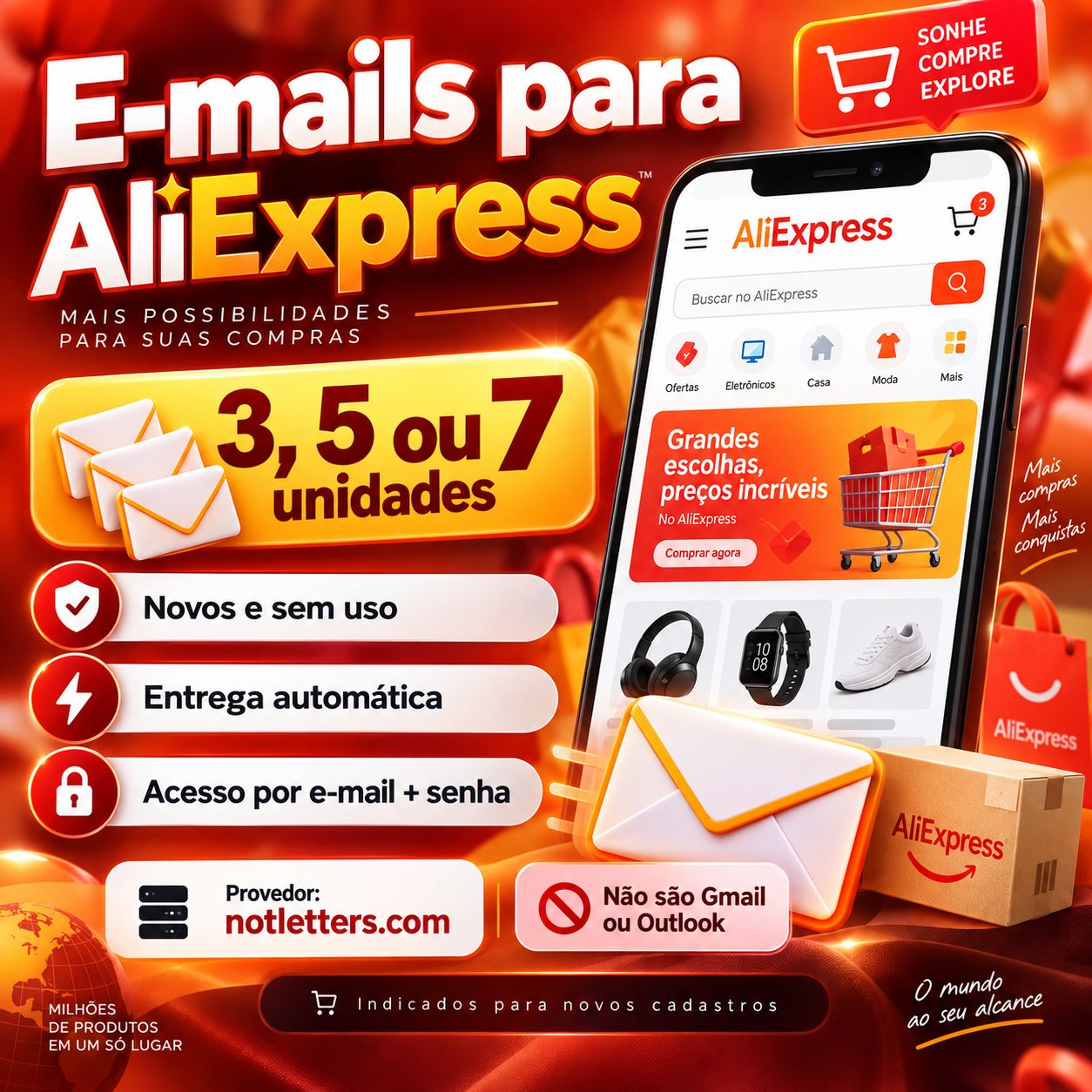 E-mails Novos para Cadastro no AliExpress | 3, 5 ou 7 Unidades