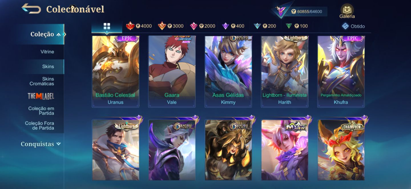 MITICA 51x110 ESTRELAS 214 SKINS COLEC III + SASUKE + 5 COLLABS RARAS