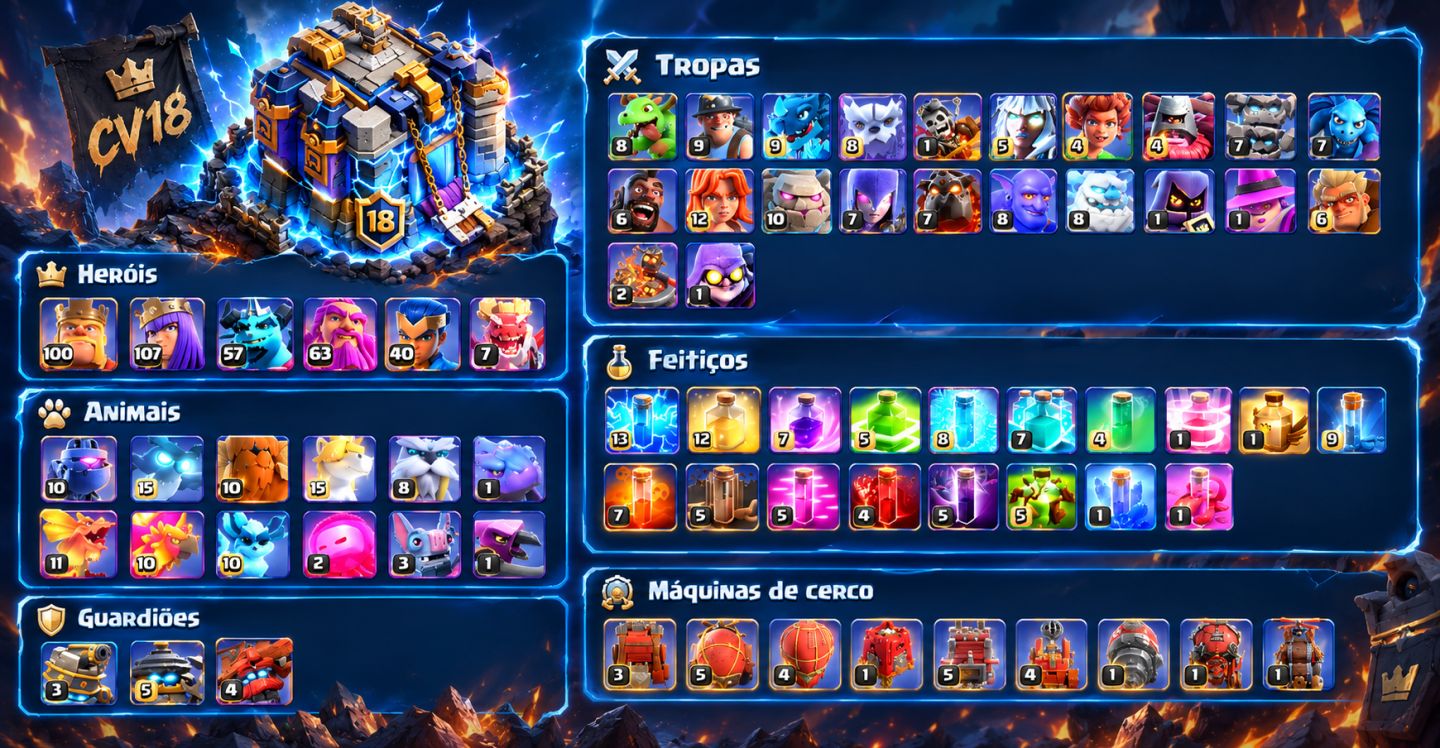 CV18 QUASE FULL | HERÓIS ALTOS | 9 SKINS LENDÁRIAS | PAISAGEM CLASH OF DRAGONS