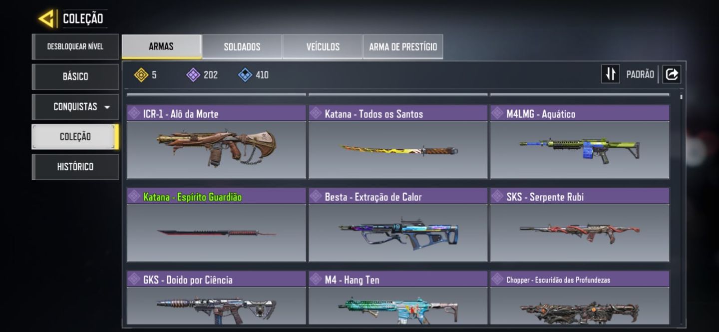 5 lendárias armas nível 400 Arma Épica 202 personagem Épico 76 C: 63k