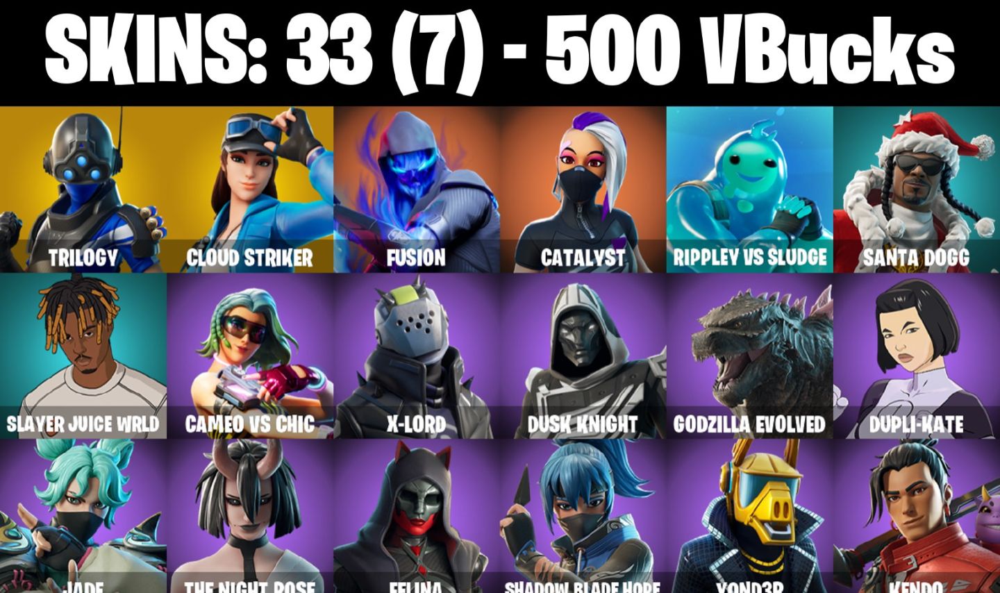 CONTA FORTNITE COM 33 SKINS TRILOGY/CLOUD STRIKER/CATALYST/KENDO/NYANJA/DAIGO