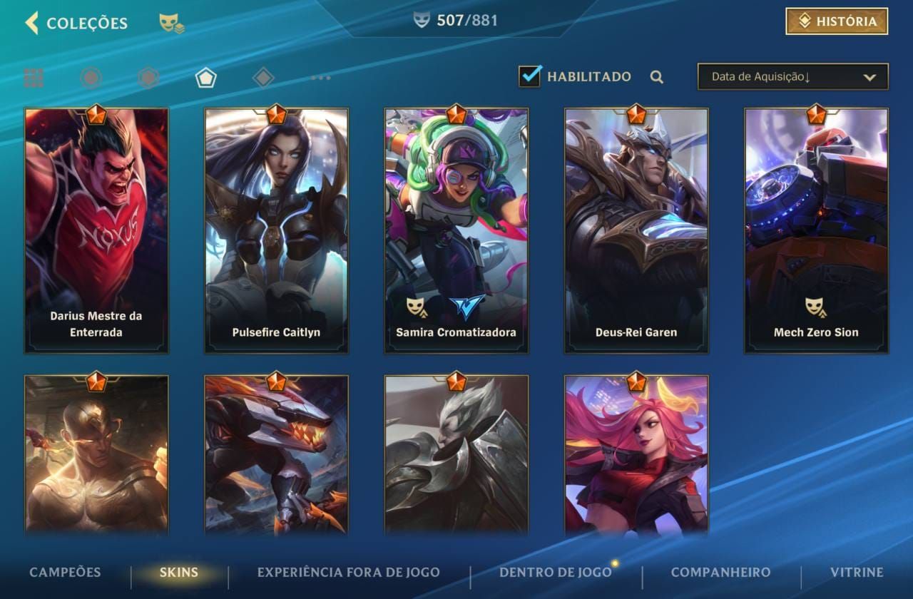 507 Skins| 15 Míticas |64 Lendárias|290 Épicas |Lv 226 |87,2K Coleção| 1978 dias