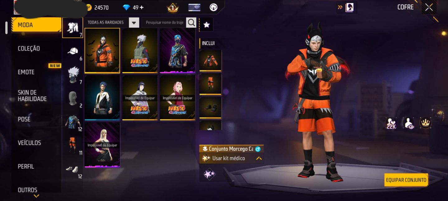 CONTA FF NIVEL 17 + MORCEGO CAÓTICO + 3 SKINS DO NARUTO + 2 GELOS (SEU EMAIL)