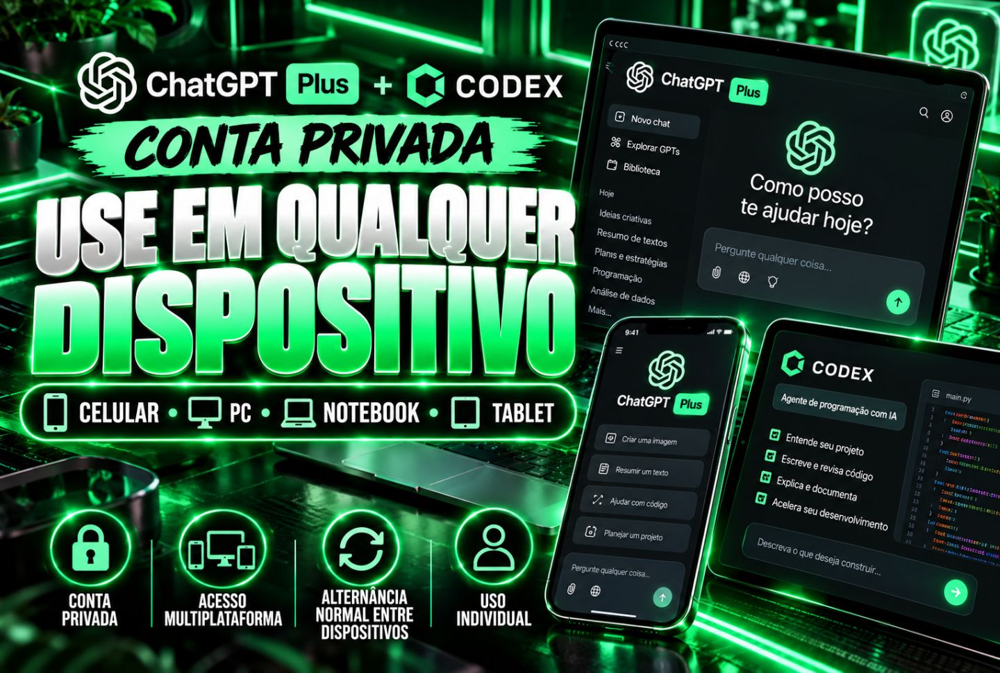 CHAT GPT PLUS PRIVADO + CODEX 1 MÊS Acesso privado (só você terá acesso)