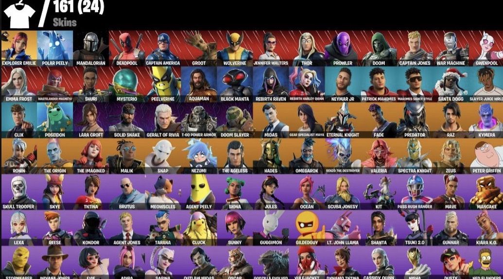 CONTA DE FORTNITE COM 161 SKINS + MIDAS + MARVEL + DC + LARA CROFT + TRYHARD