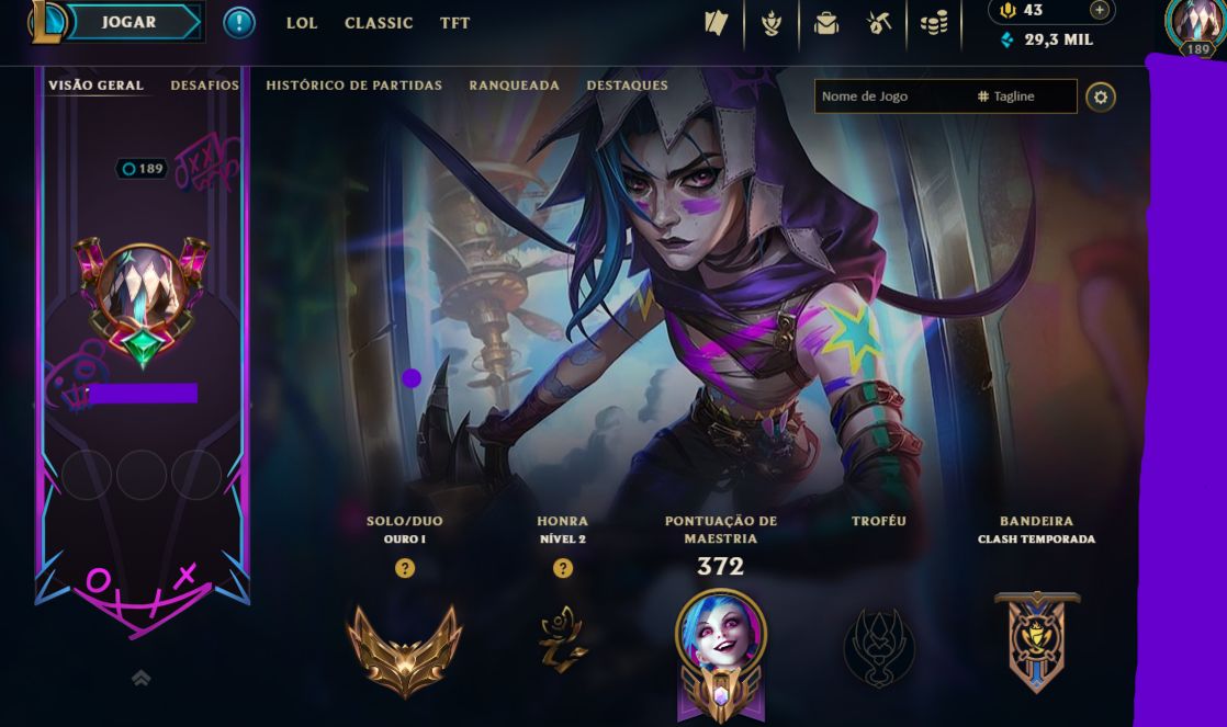 CONTA JINX FRAGMENTADA + FINALIZADOR + BANDEIRA + TODOS CAMPEÕES + 184 SKINS