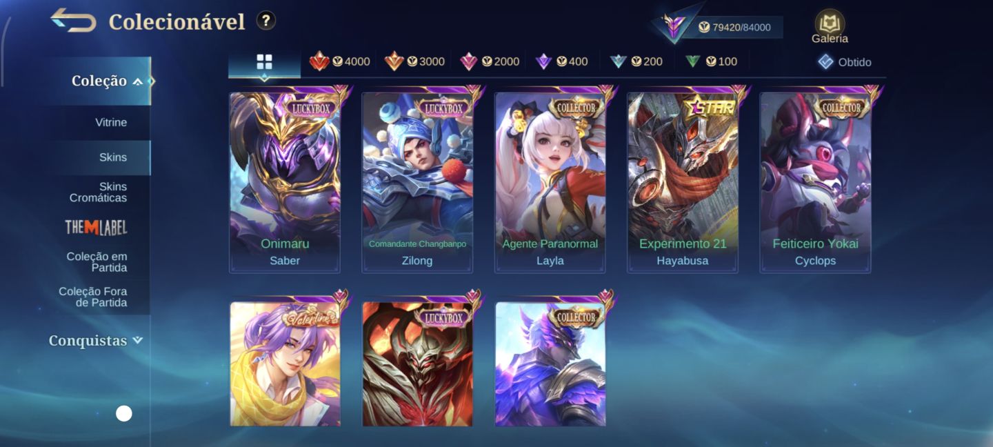 CONTA DE MLBB COM MUITAS SKINS LENDÁRIAS, MINATO, ITACHI, K' ELO +ALTO 100 STAR