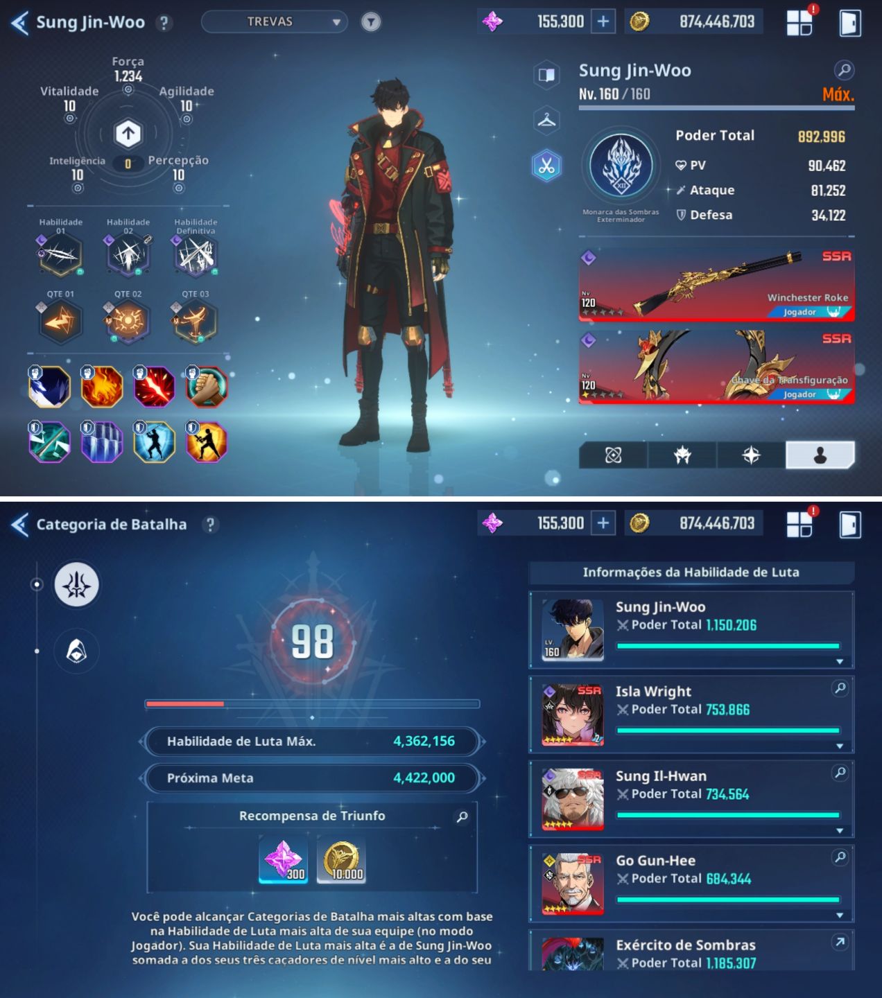 Conta Solo Leveling Arise: +150k Núcleos Magicos, +870M Gold