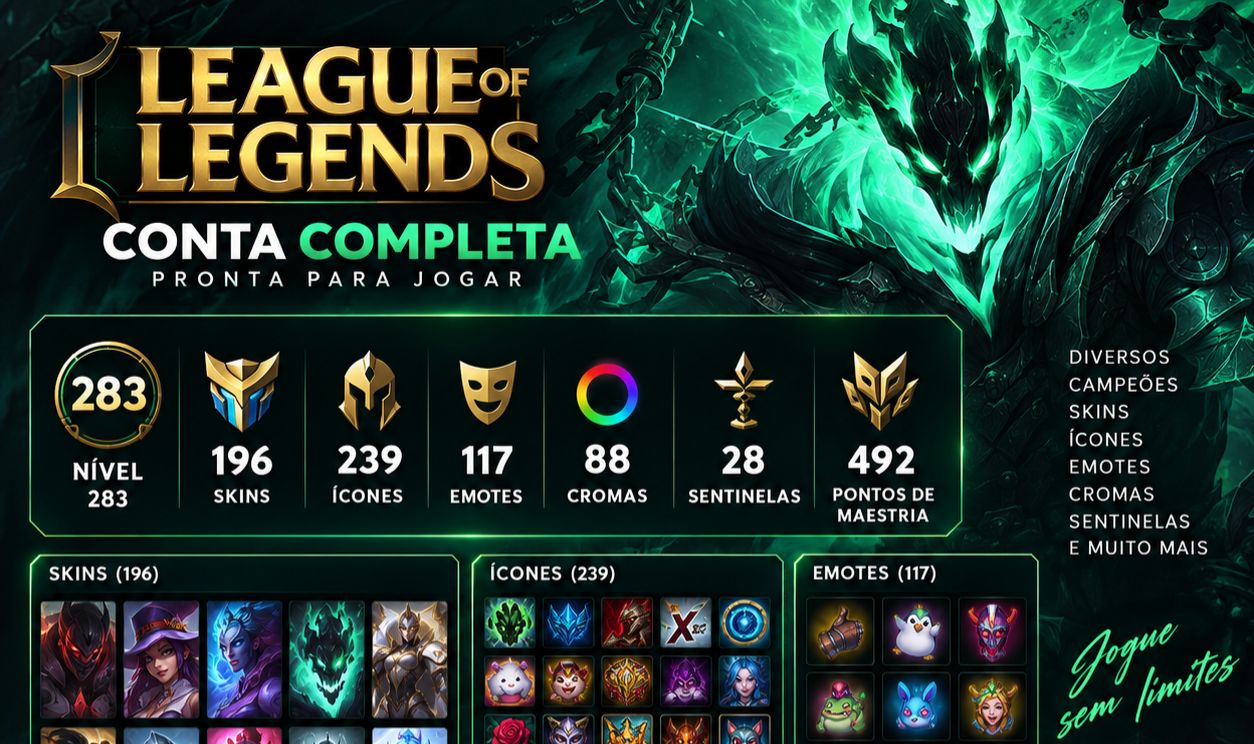 CONTA LOL LVL 283 | 196 SKINS | 239 ÍCONES