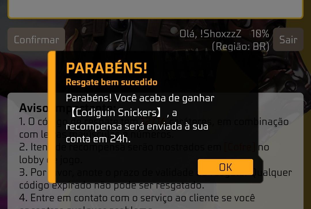 CODIGUIN SNICKERS FREE FIRE | ENTREGA IMEDIATA | PROMOÇÃO
