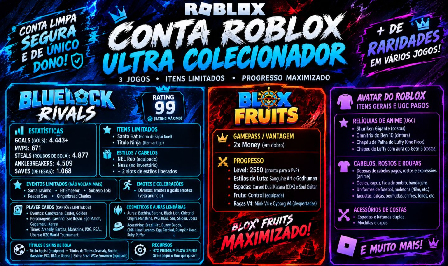 CONTA ENDGAME | Blox Fruits MAX + BLR 99 + RARIDADES