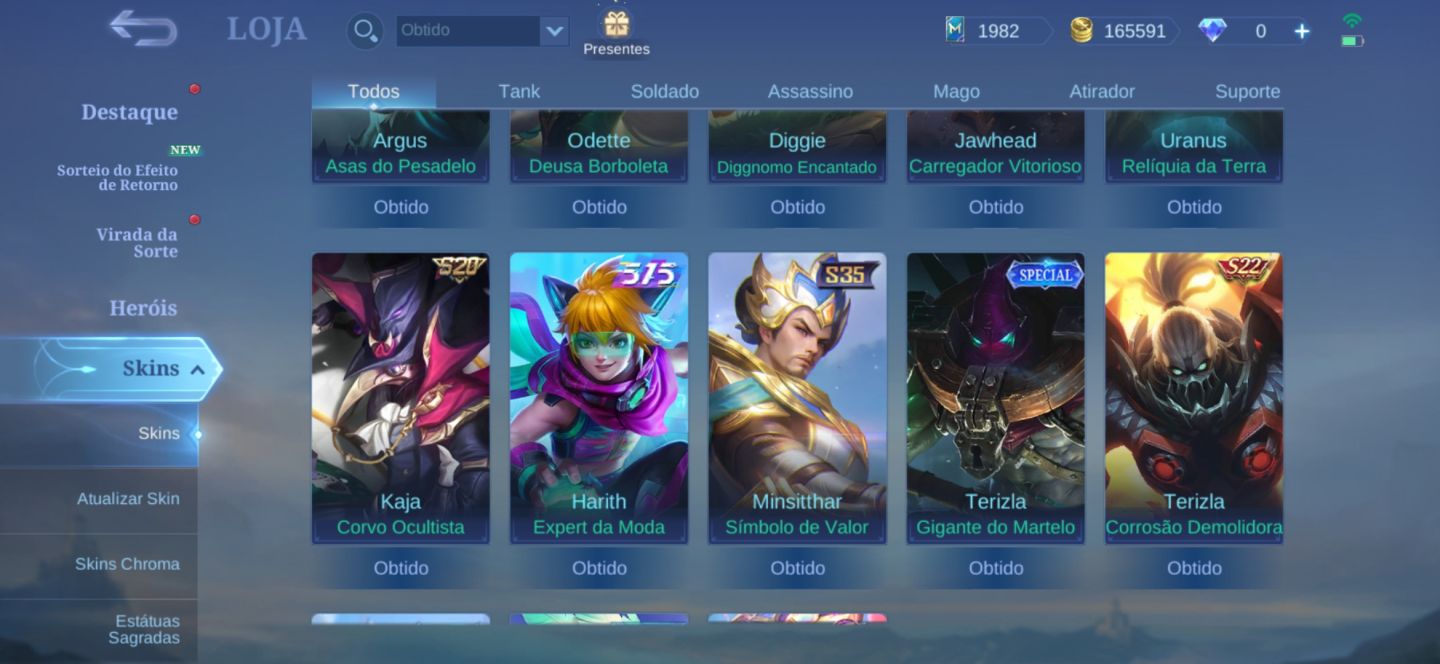 Conta - Mobile Legends (2017) - Skins de passe antigas (S1 - S2)