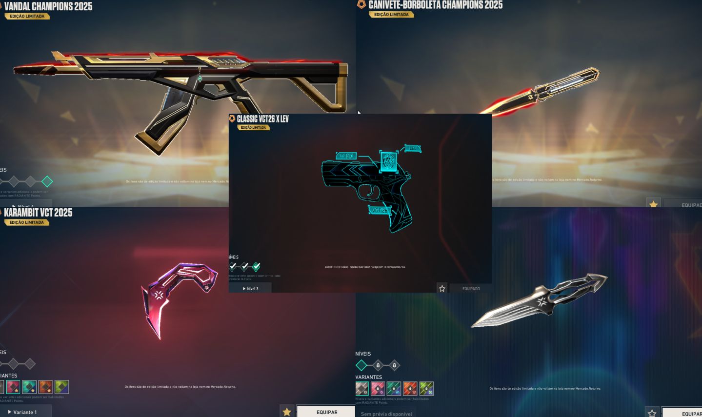 CONTA COM PACOTE CHAMPIONS 2025, KARAMBIT VCT 2025, FACA VCT 2026 E CLASSIC 26.