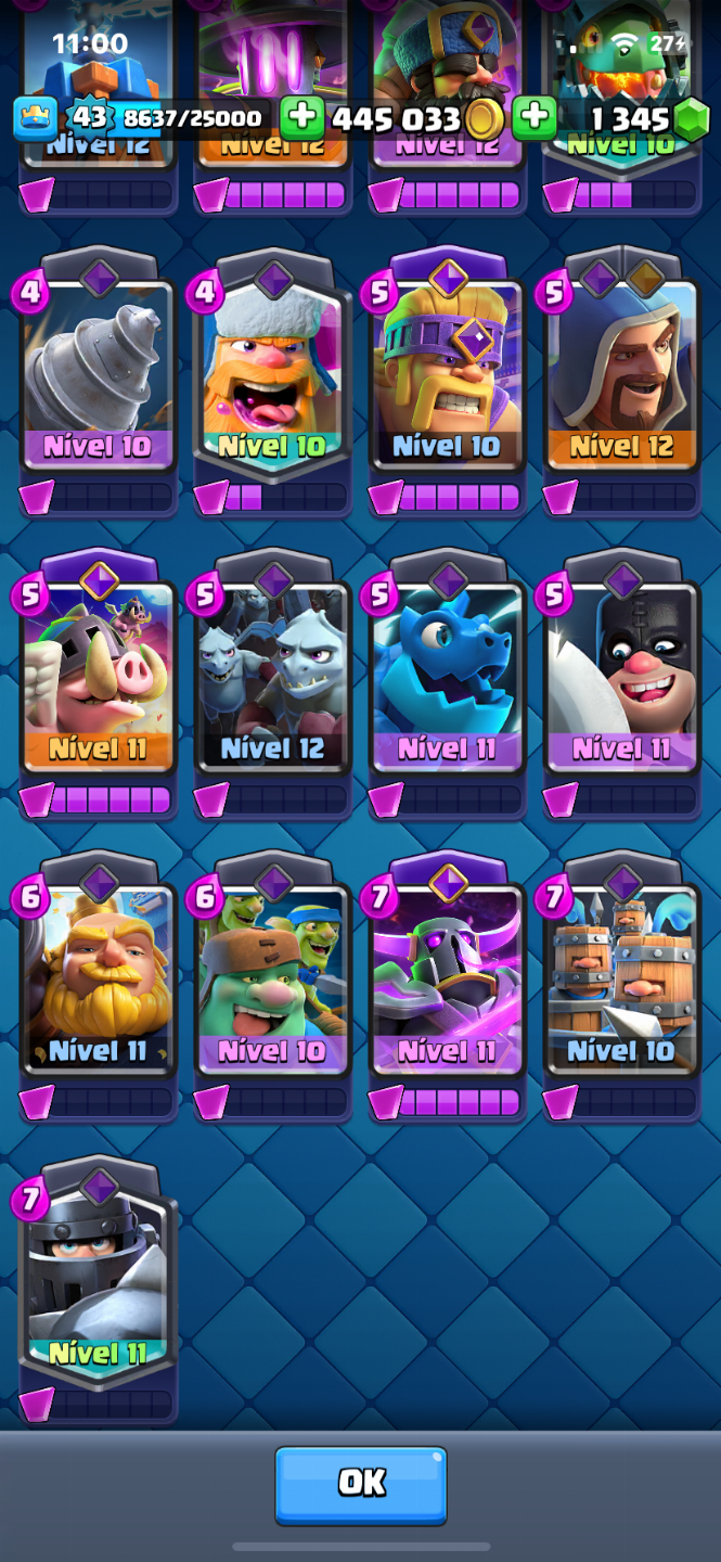 Clash Royale Nível 43 | 121/121 Cartas | 1345 Gemas | 9 Evoluções | Conta Forte