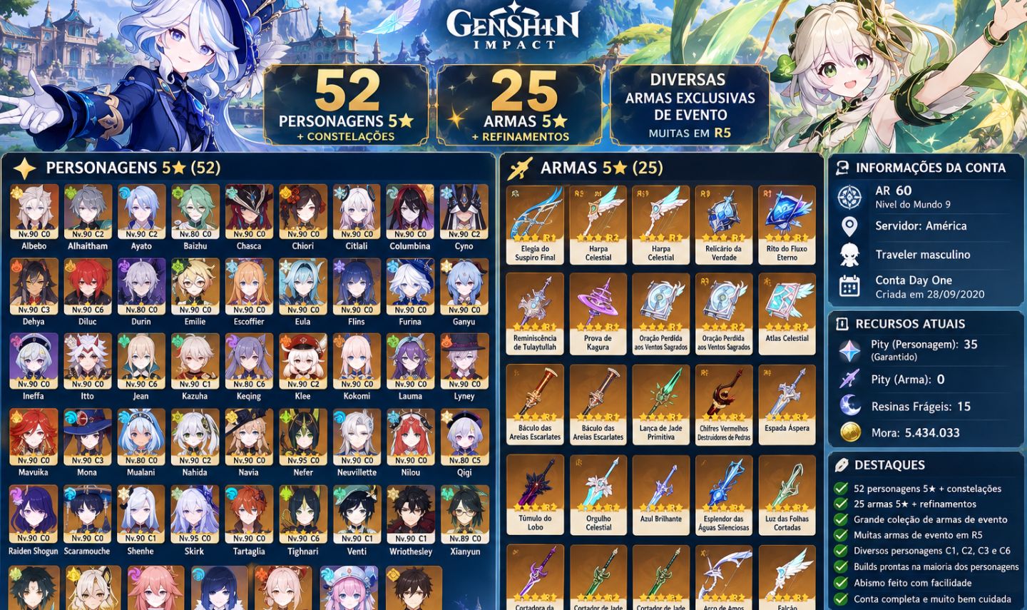 GENSHIN IMPACT AR 60 | AMÉRICA | 52 PERSONAGENS 5 ESTRELAS + CONSTELAÇÕES