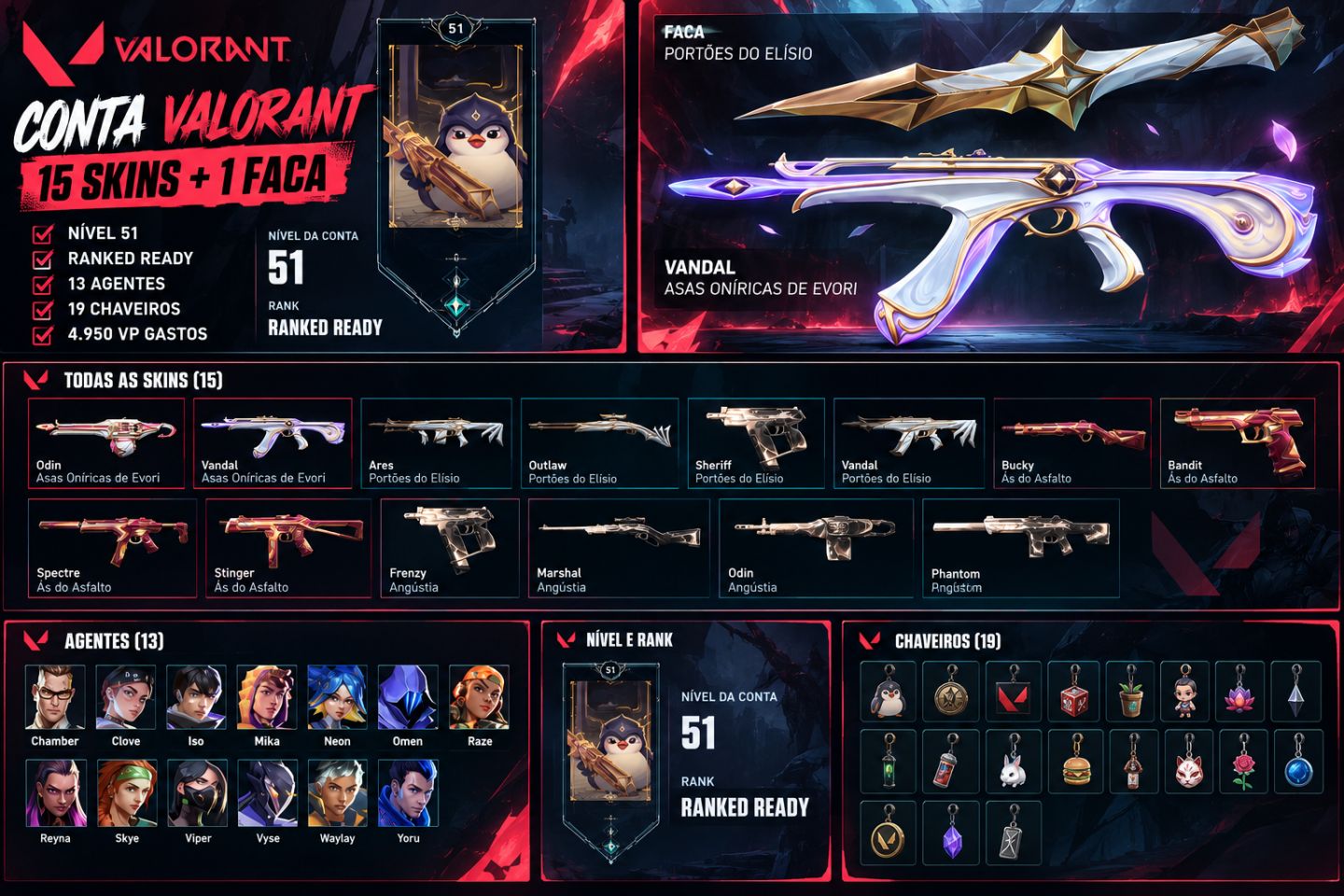 VALORANT 15 SKINS + FACA VANDAL EVORI + PORTÕES DO ELÍSIO