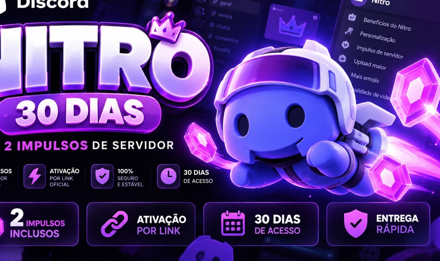 DISCORD NITRO 30 DIAS | 2 IMPULSOS INCLUSOS | LINK NITRO (PRECISA DE ATIVAÇÃO)