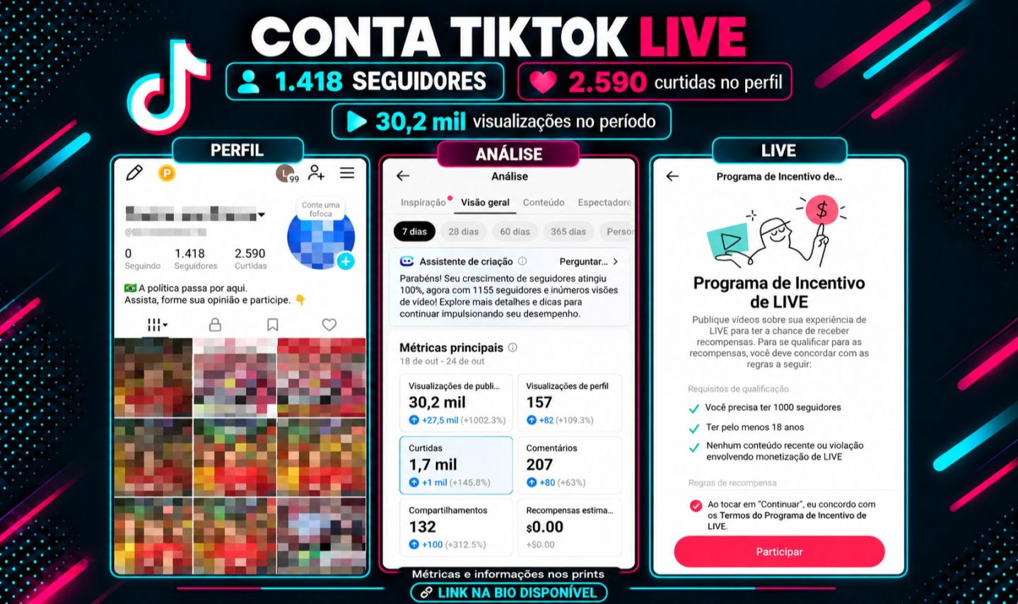 CONTA TIKTOK LIVE 1.418 SEGUIDORES REAIS | LINK NA BIO